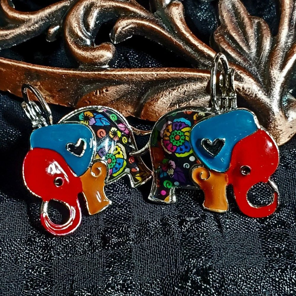Elephant Earrings - Handpainted Enamel - Teal Ears